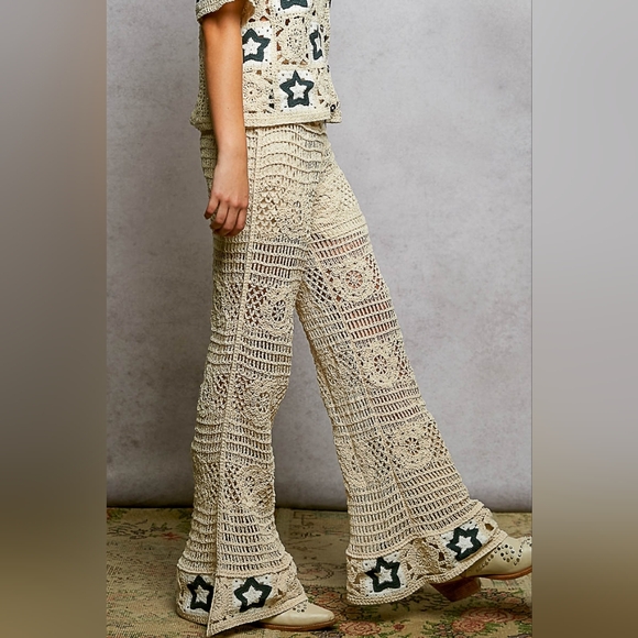 POL High-Rise Star Patchwork Openwork Granny Crochet Flare Leg Retro 70’s Pants - Picture 11 of 16